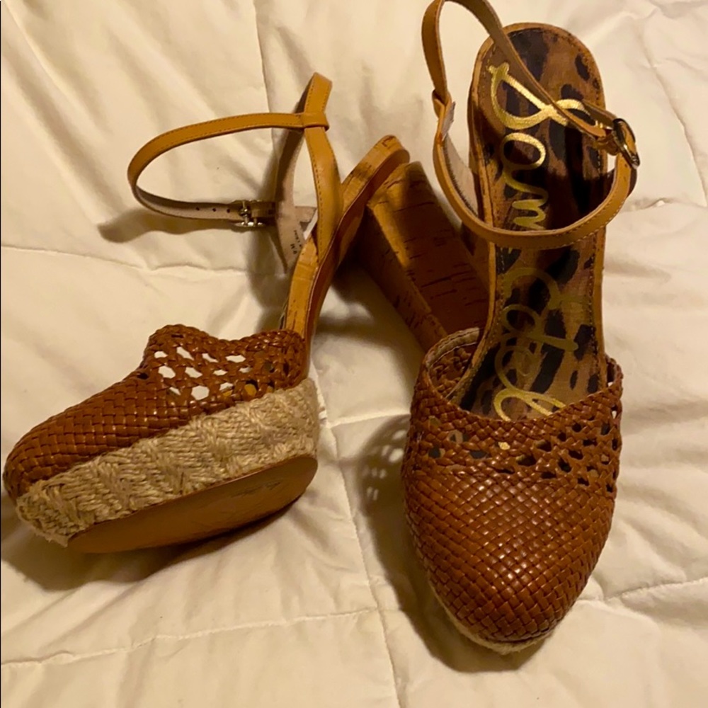 Cork heeled strapped heels